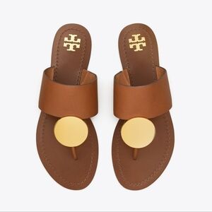 Tory Burch Patos Disk Sandals Brown Leather Gold Flat Slip On Size 9 Boho Resort